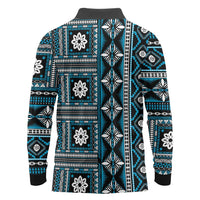 Fiji Masi Tapa Pattern Blue Long Sleeve Polo Shirt - Polynesian Pride
