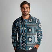 Fiji Masi Tapa Pattern Blue Long Sleeve Polo Shirt - Polynesian Pride