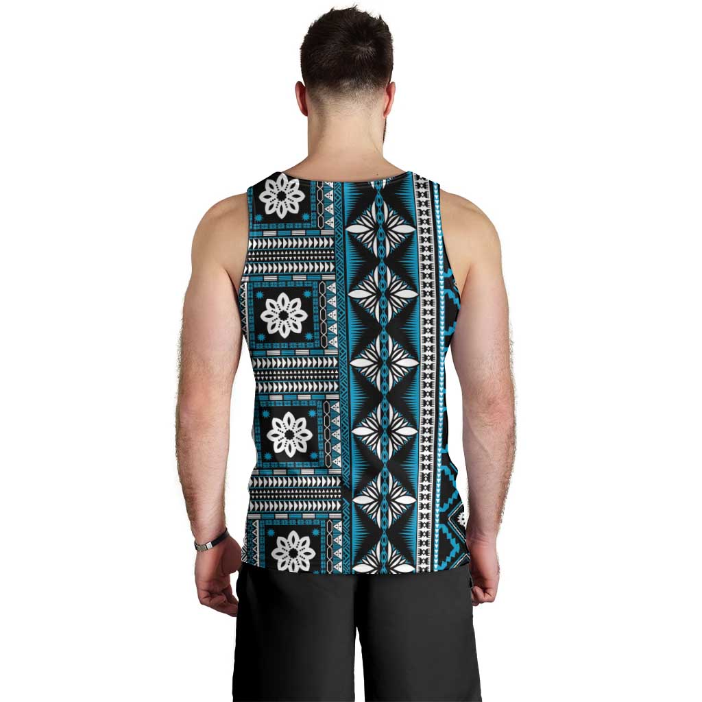 Fiji Masi Tapa Pattern Blue Men Tank Top - Polynesian Pride
