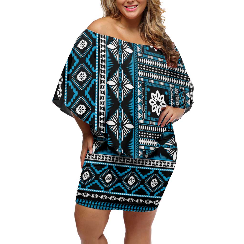 Fiji Masi Tapa Pattern Blue Off Shoulder Short Dress - Polynesian Pride