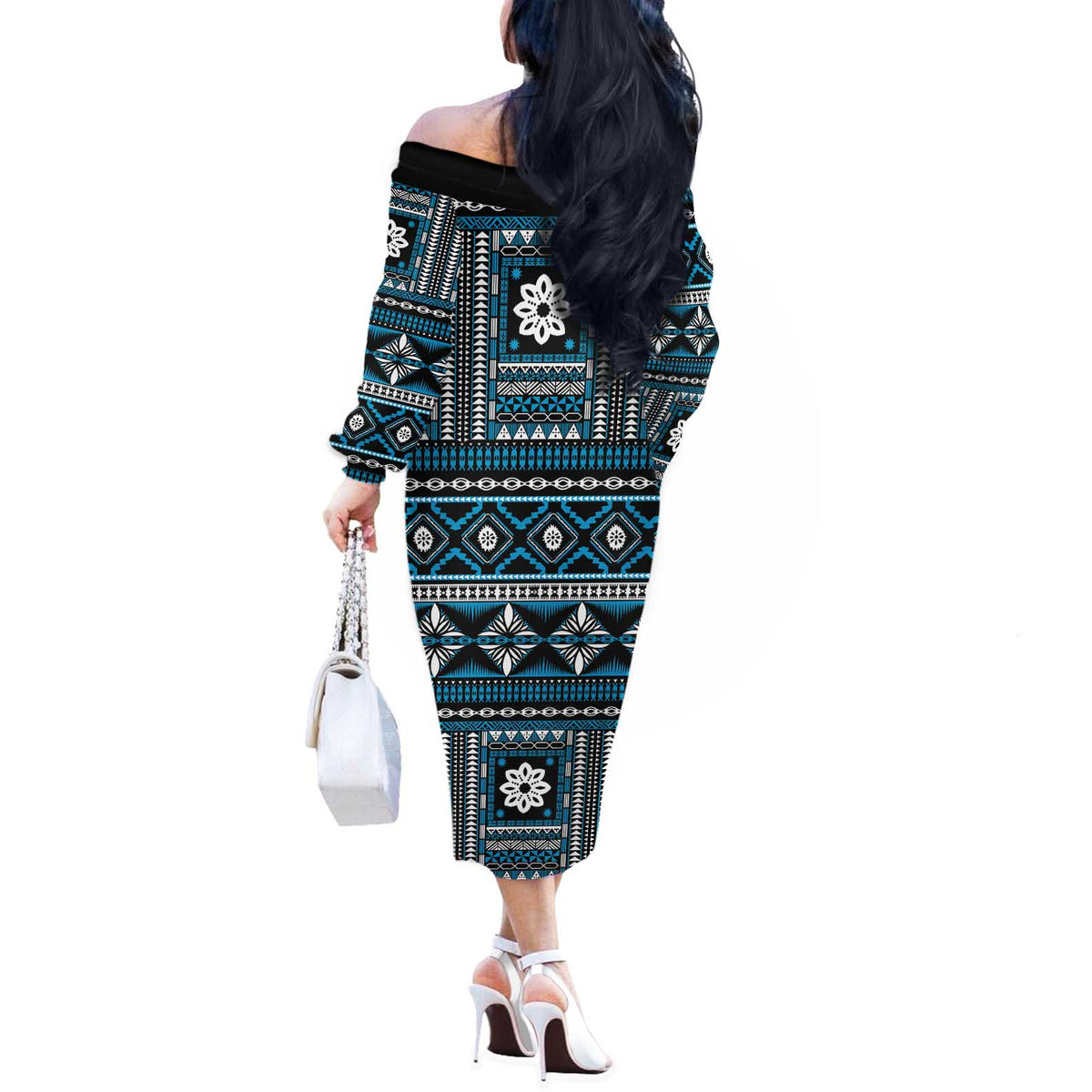 Fiji Masi Tapa Pattern Blue Off The Shoulder Long Sleeve Dress - Polynesian Pride