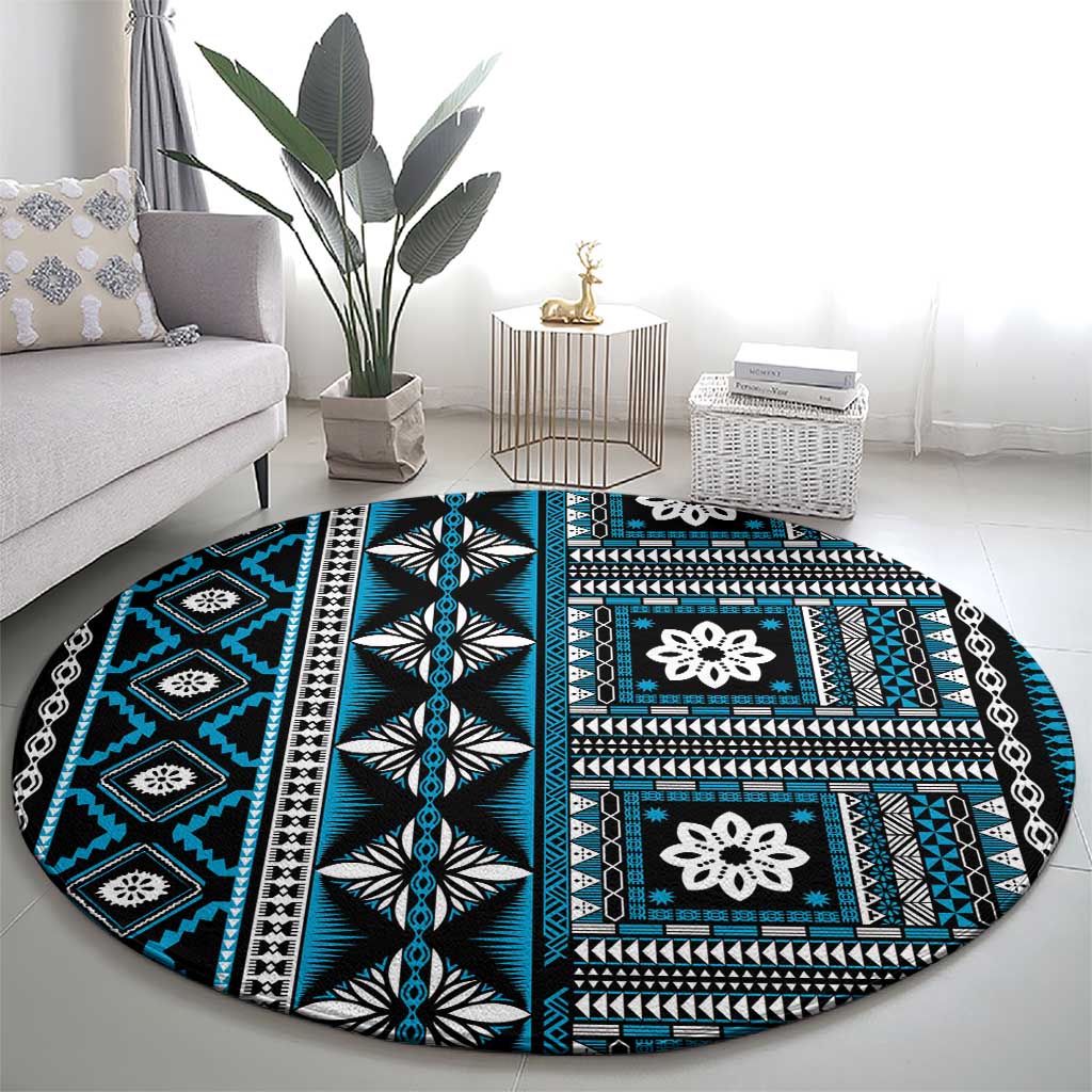 Fiji Masi Tapa Pattern Blue Round Carpet - Polynesian Pride