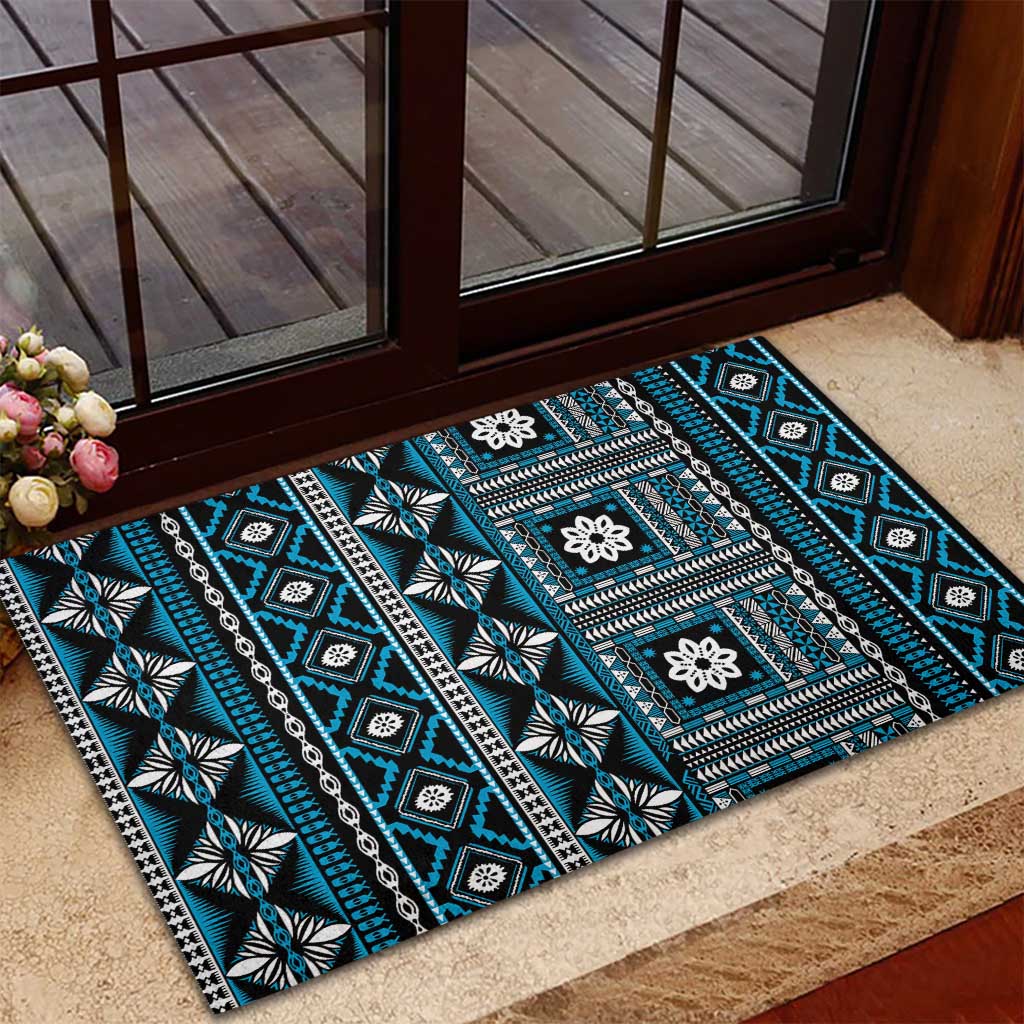 Fiji Masi Tapa Pattern Blue Rubber Doormat - Polynesian Pride