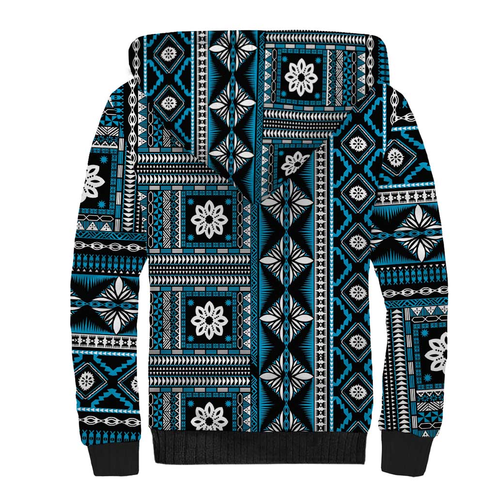 Fiji Masi Tapa Pattern Blue Sherpa Hoodie - Polynesian Pride