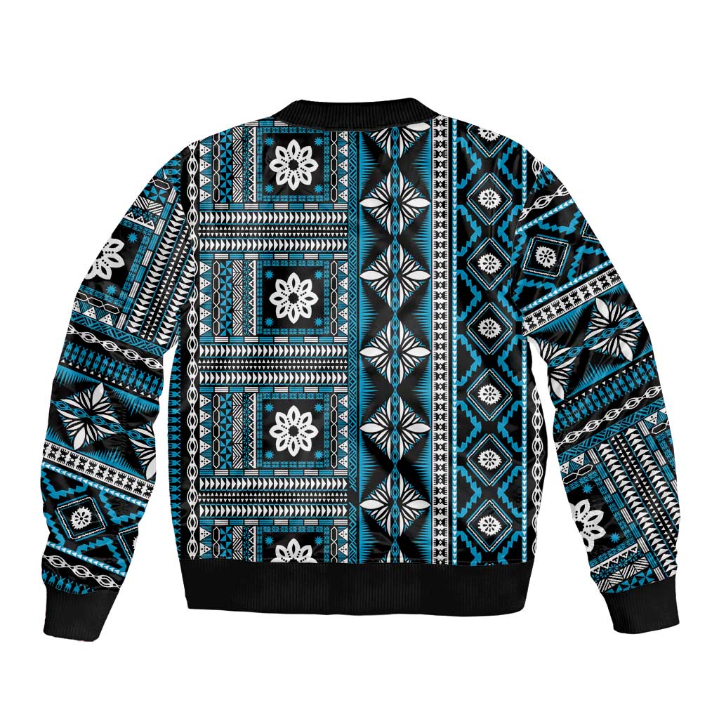 Fiji Masi Tapa Pattern Blue Sleeve Zip Bomber Jacket - Polynesian Pride