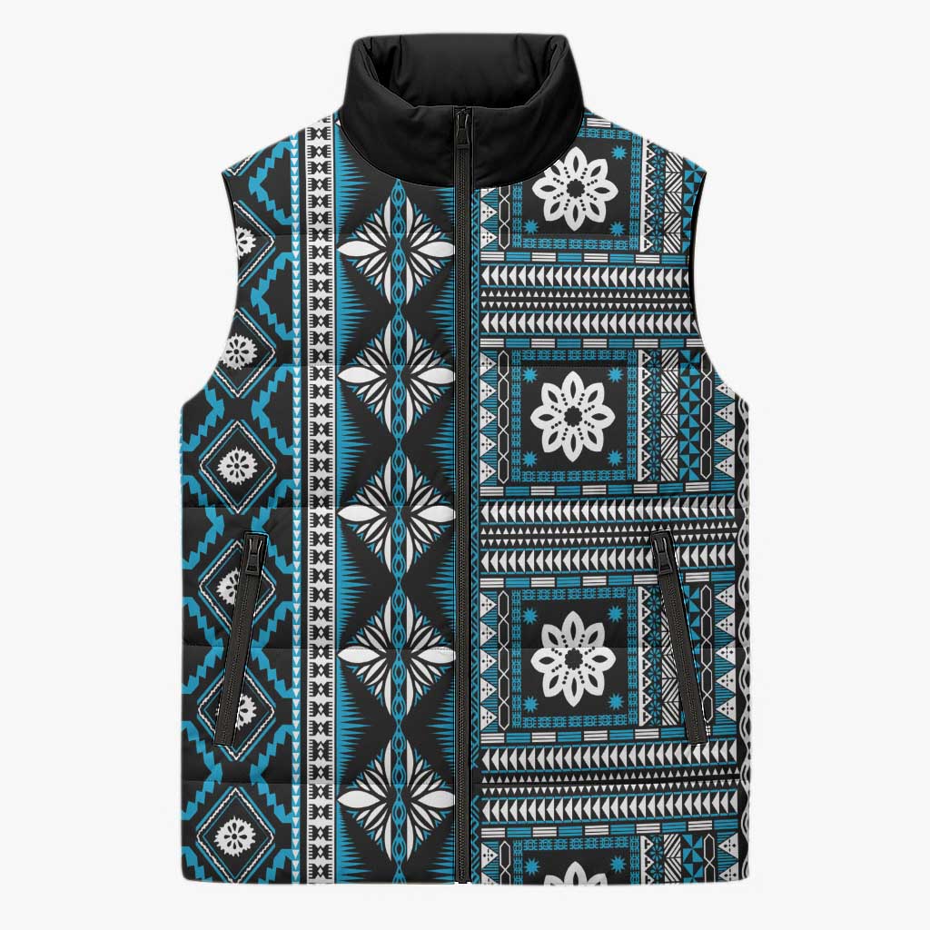 Fiji Masi Tapa Pattern Blue Sleeveless Puffer Jacket - Polynesian Pride