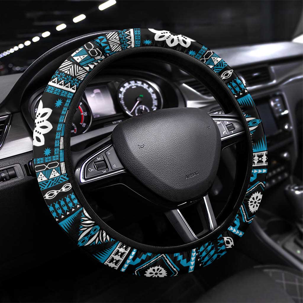 Fiji Masi Tapa Pattern Blue Steering Wheel Cover - Polynesian Pride