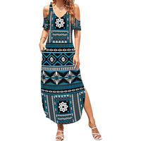 Fiji Masi Tapa Pattern Blue Summer Maxi Dress - Polynesian Pride