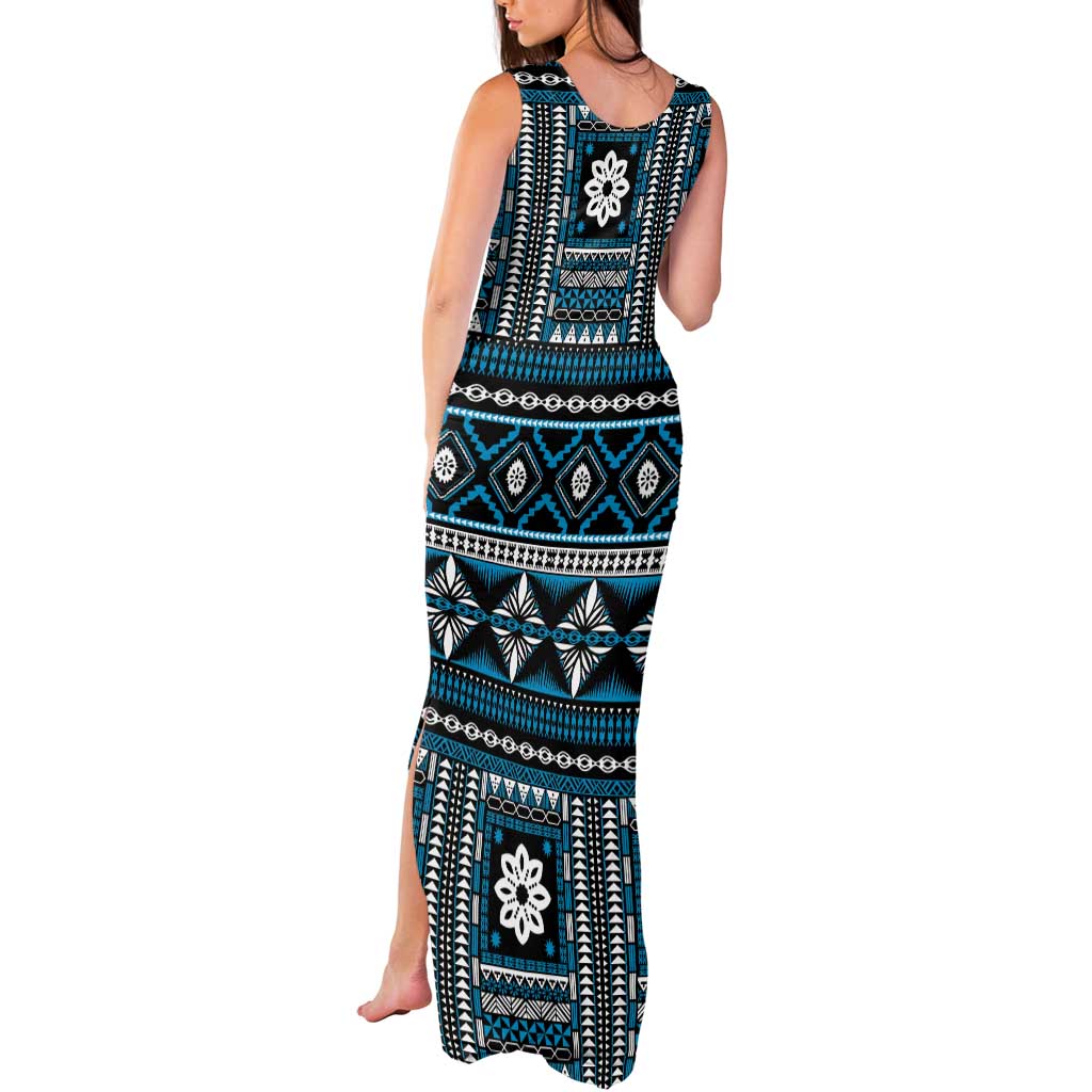 Fiji Masi Tapa Pattern Blue Tank Maxi Dress - Polynesian Pride