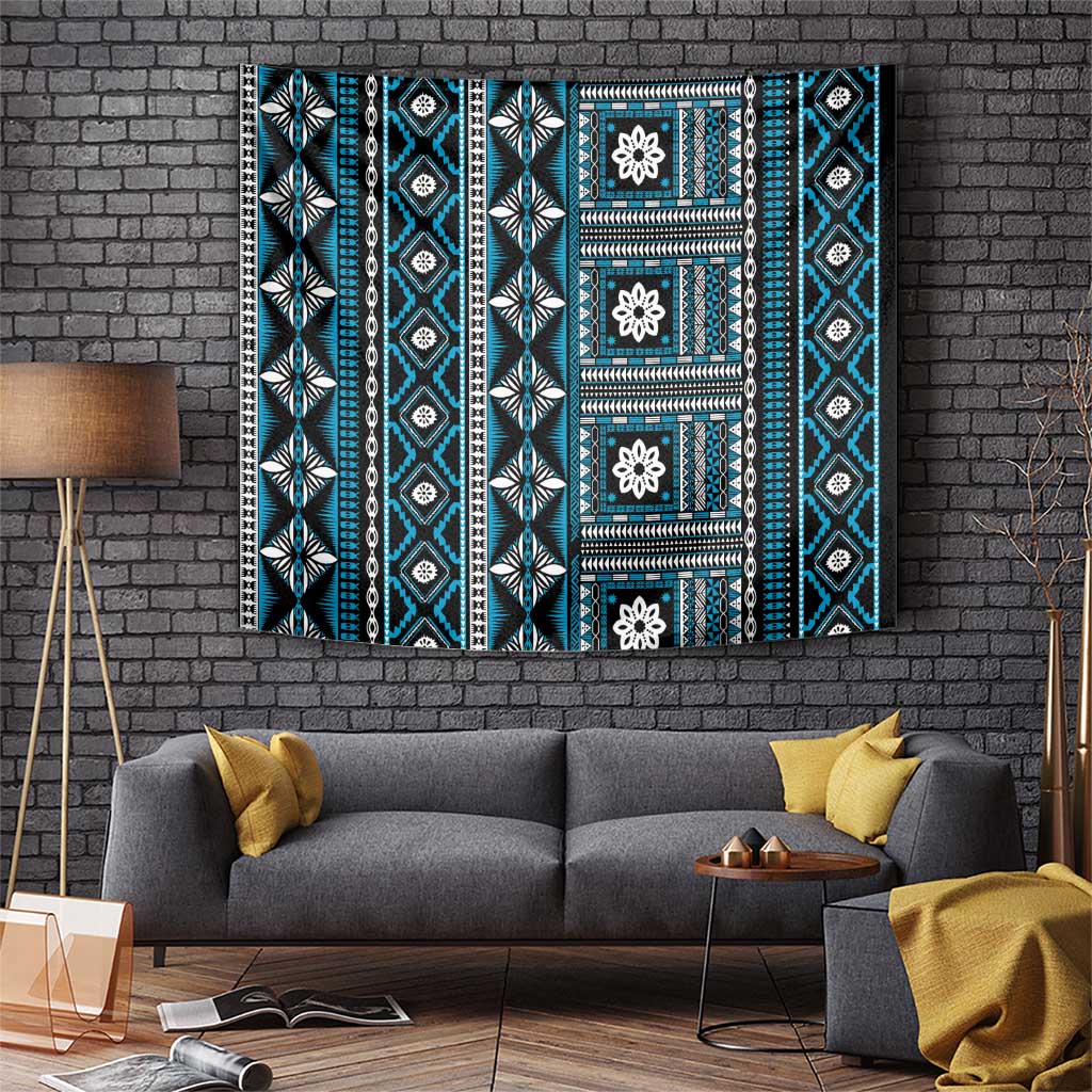 Fiji Masi Tapa Pattern Blue Tapestry - Polynesian Pride