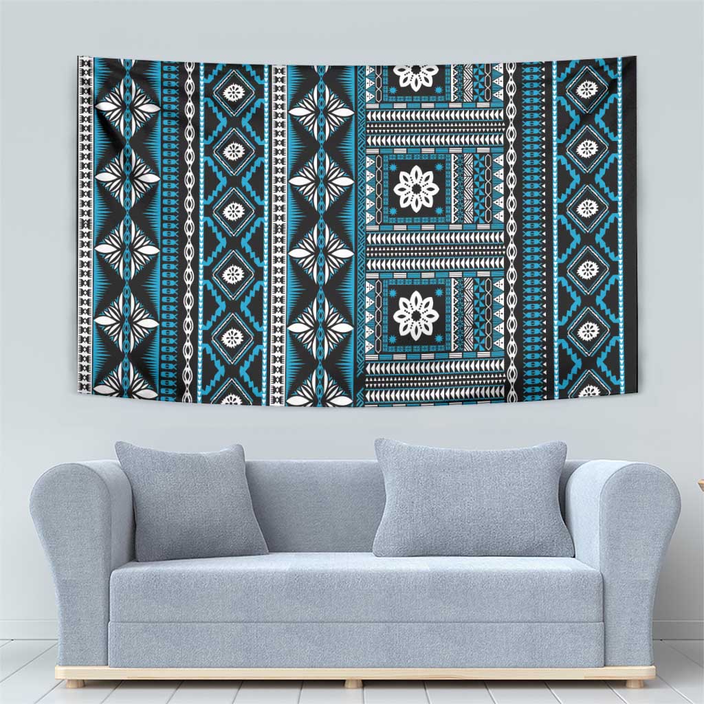 Fiji Masi Tapa Pattern Blue Tapestry - Polynesian Pride