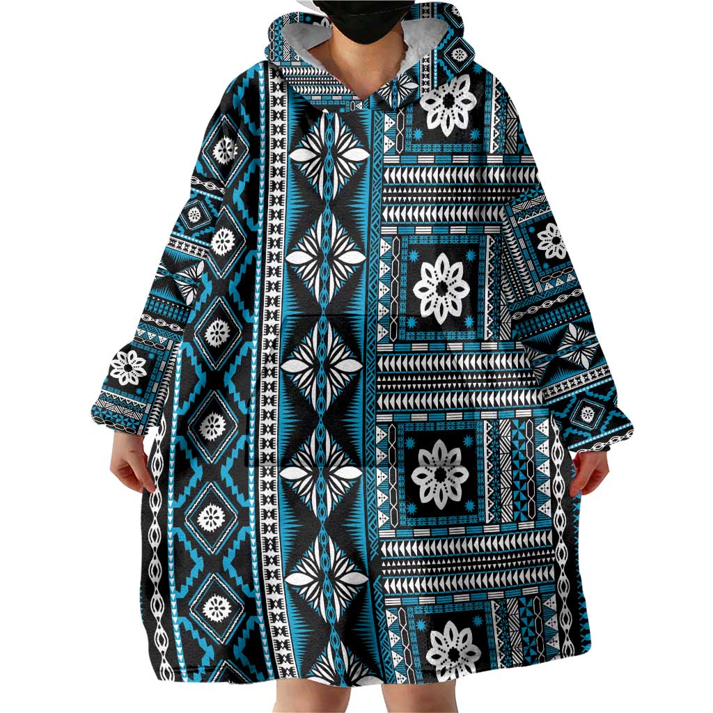 Fiji Masi Tapa Pattern Blue Wearable Blanket Hoodie - Polynesian Pride