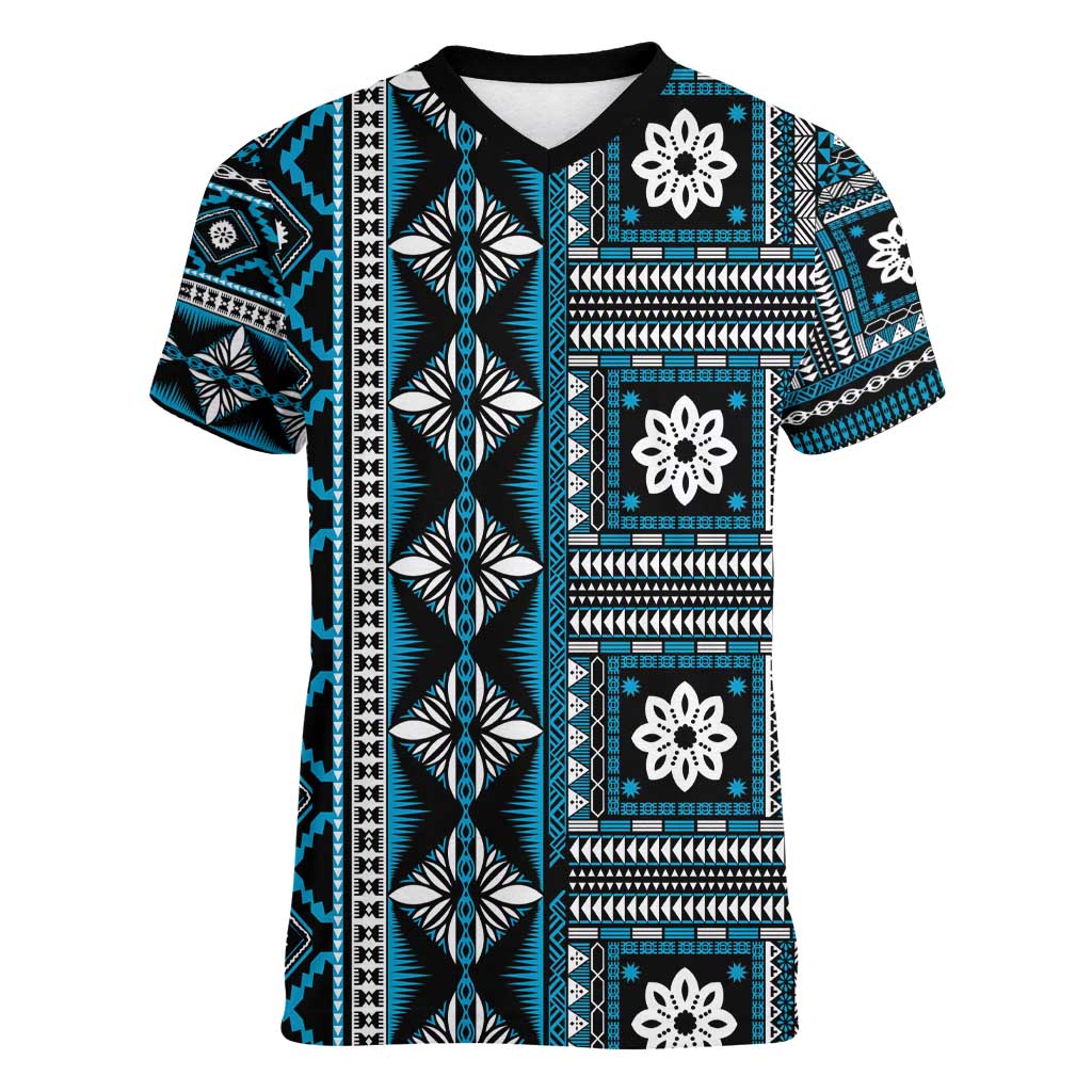 Fiji Masi Tapa Pattern Blue Women V-Neck T-Shirt - Polynesian Pride