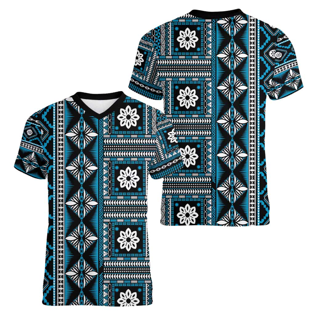 Fiji Masi Tapa Pattern Blue Women V-Neck T-Shirt - Polynesian Pride