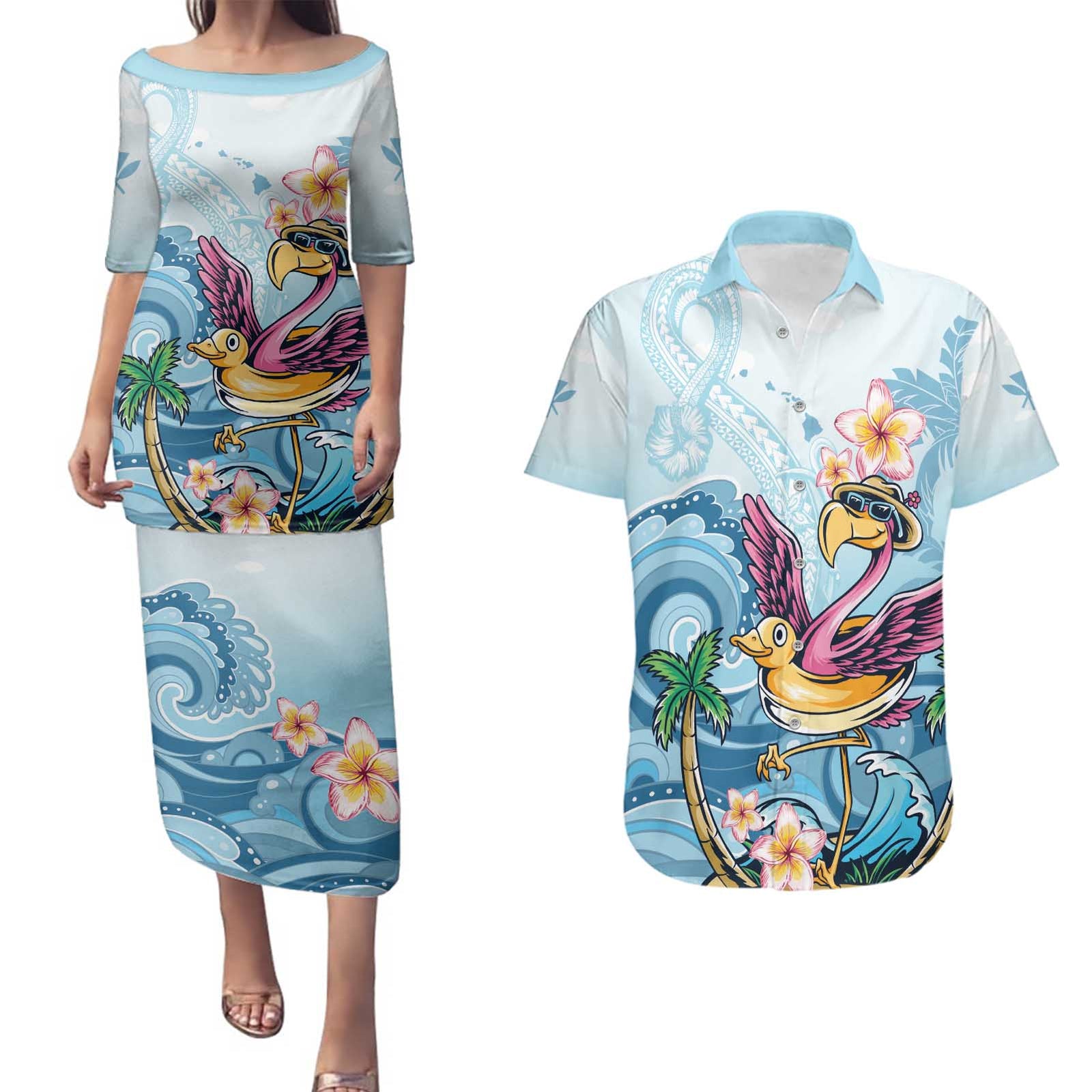 Hawaii Flamingo Couples Matching Puletasi and Hawaiian Shirt Plumeria Tropical Beach