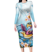 Hawaii Flamingo Family Matching Long Sleeve Bodycon Dress and Hawaiian Shirt Plumeria Tropical Beach
