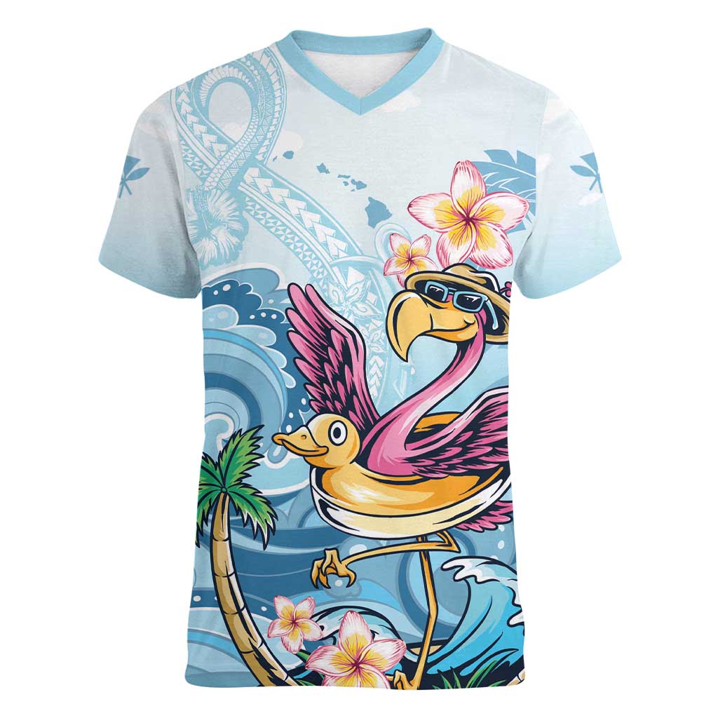 Hawaii Flamingo Women V-Neck T-Shirt Plumeria Tropical Beach LT01 Female Blue - Polynesian Pride