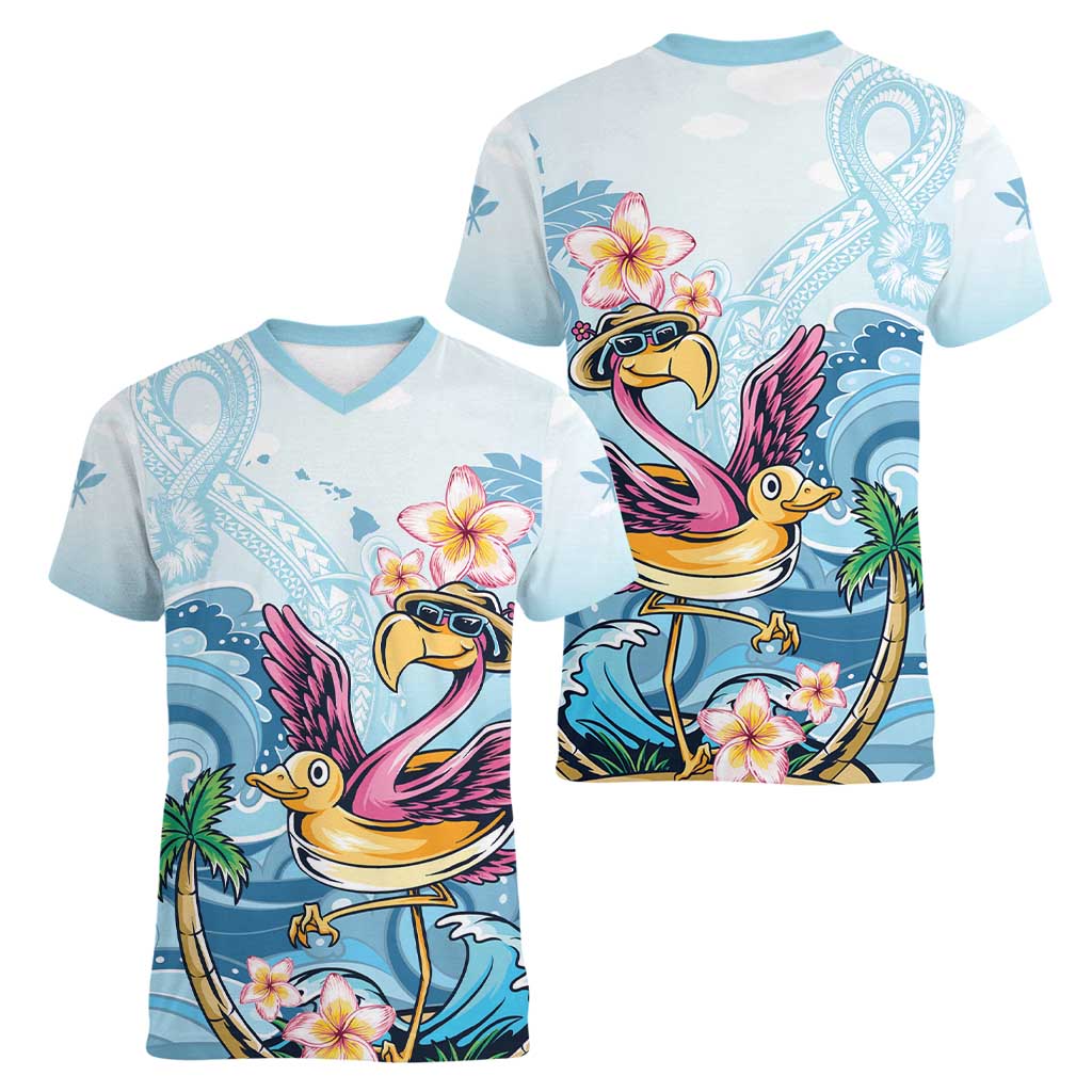 Hawaii Flamingo Women V-Neck T-Shirt Plumeria Tropical Beach LT01 - Polynesian Pride