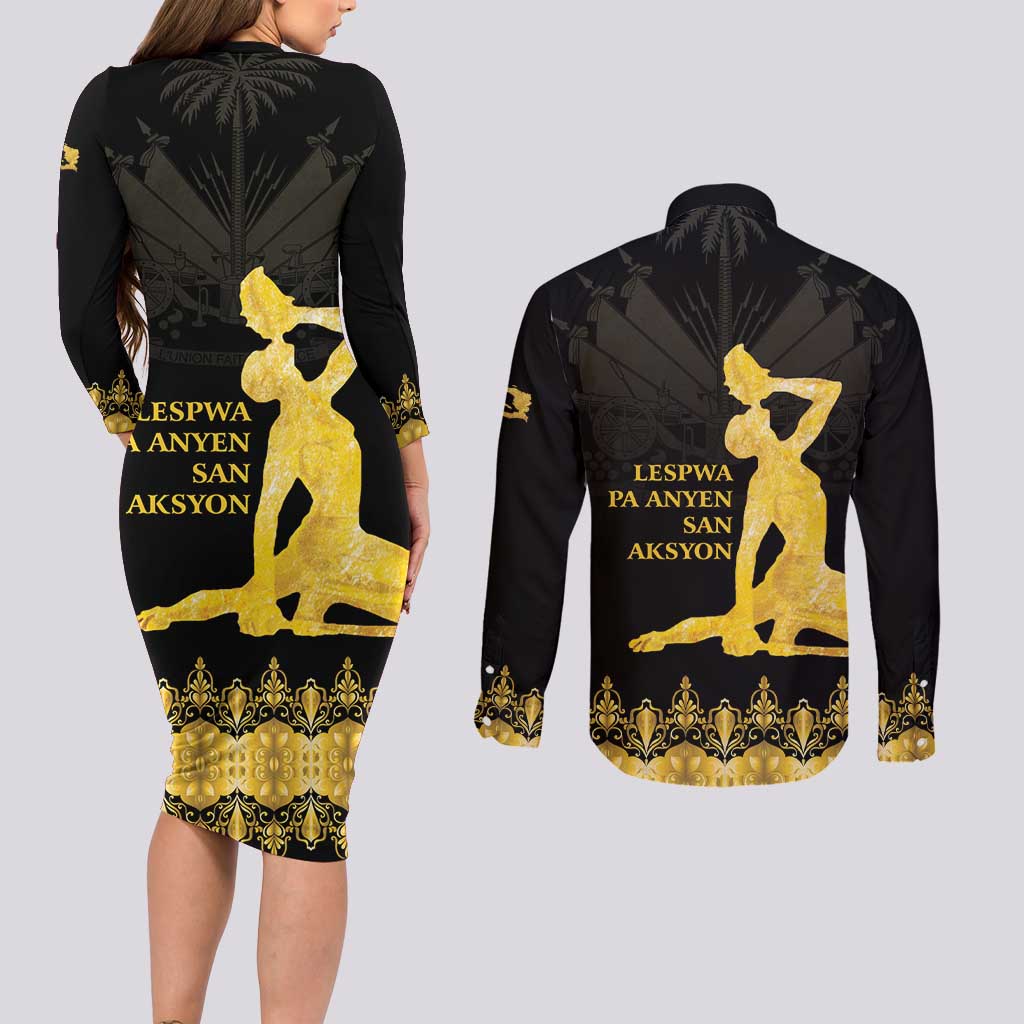 Haiti Neg Marron Gold Couples Matching Long Sleeve Bodycon Dress and Long Sleeve Button Shirt Lespwa pa anyen san aksyon