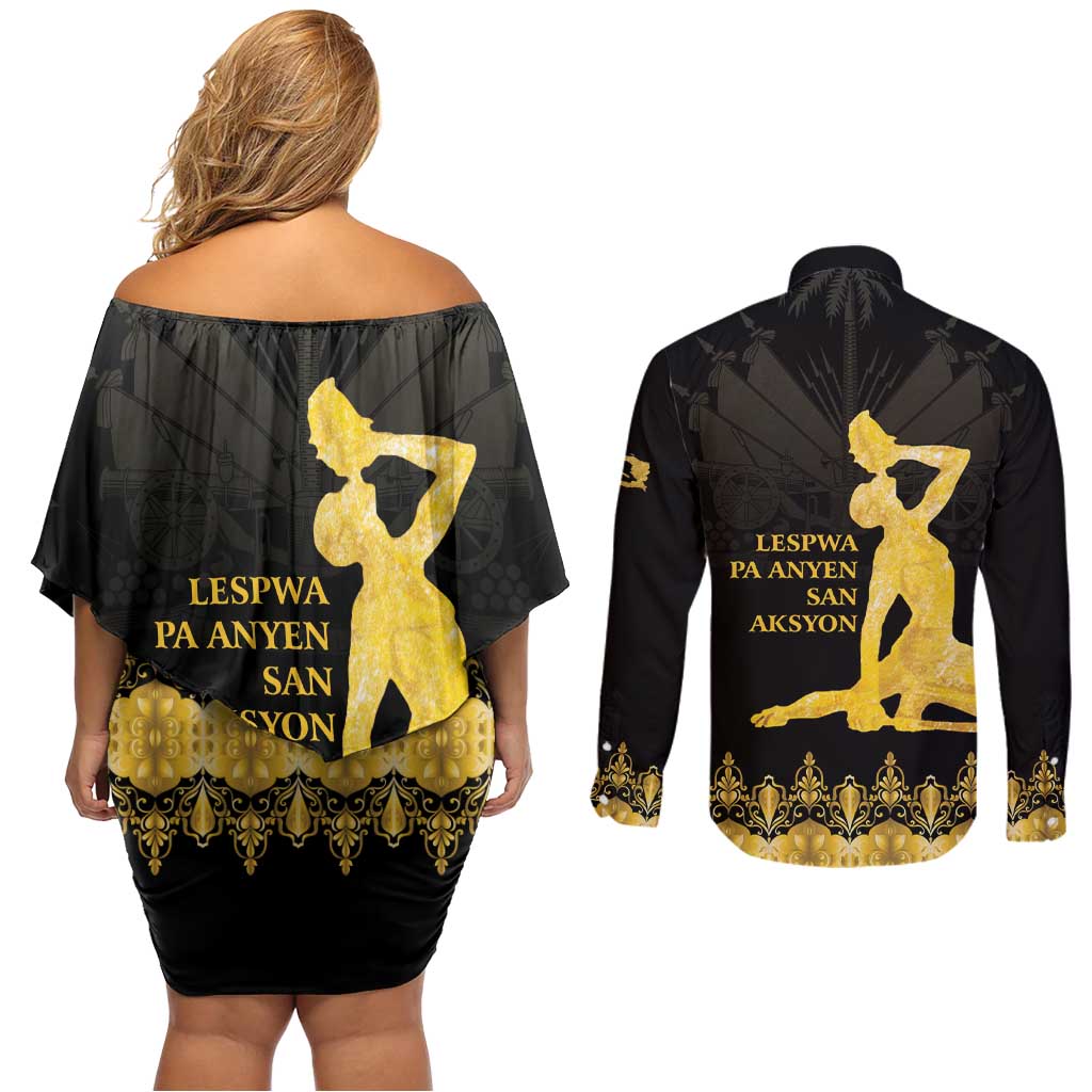 Haiti Neg Marron Gold Couples Matching Off Shoulder Short Dress and Long Sleeve Button Shirt Lespwa pa anyen san aksyon