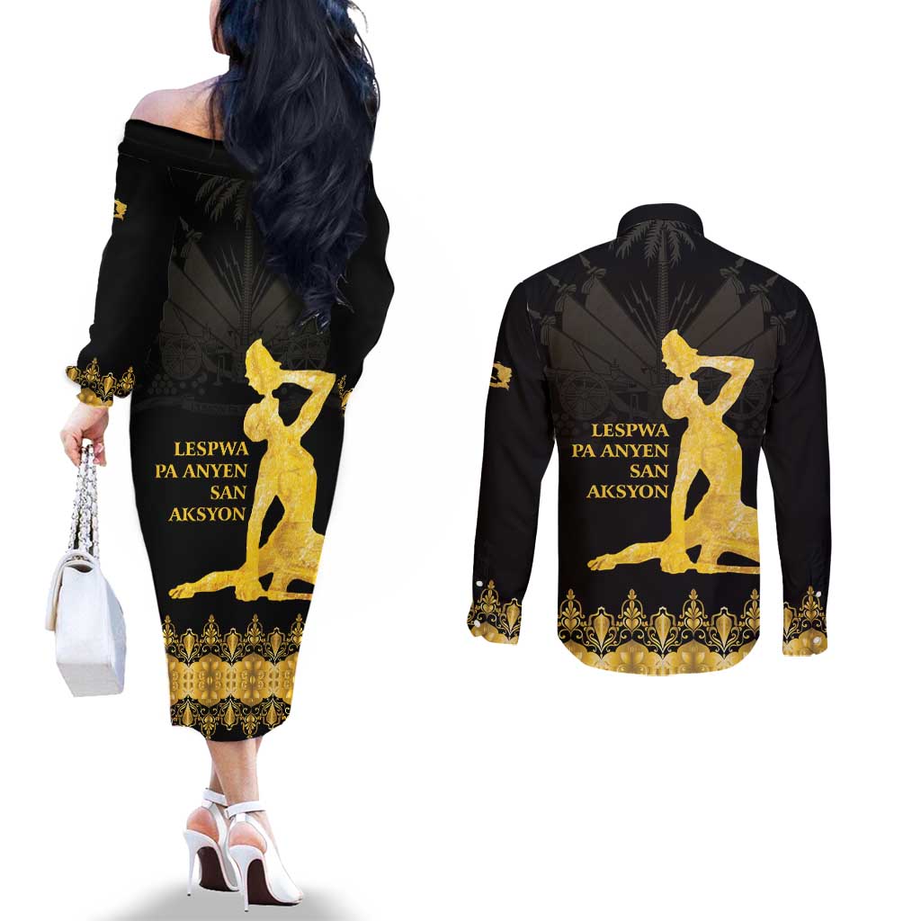 Haiti Neg Marron Gold Couples Matching Off The Shoulder Long Sleeve Dress and Long Sleeve Button Shirt Lespwa pa anyen san aksyon