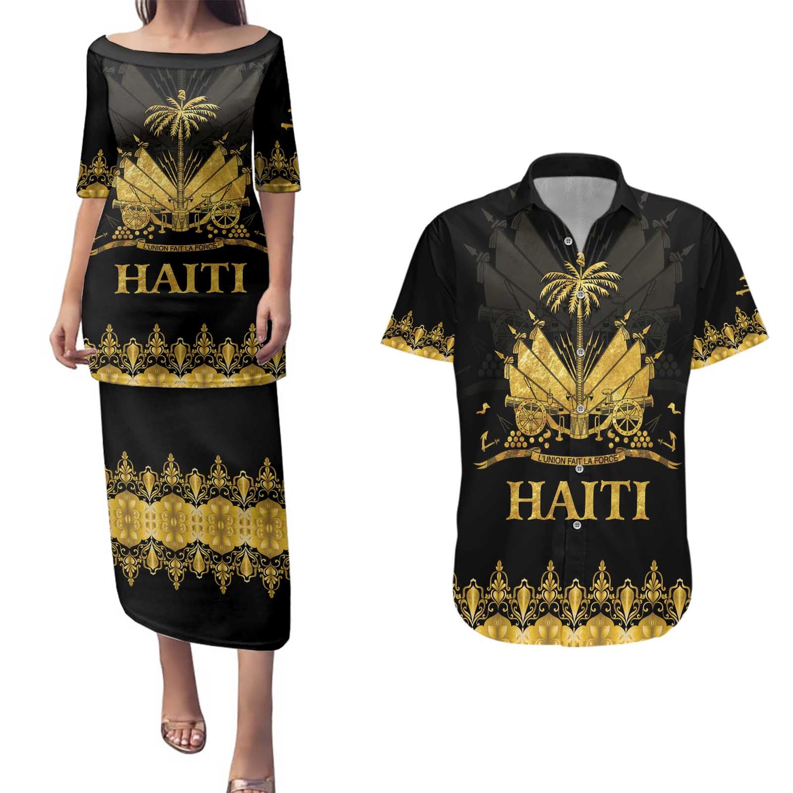 Haiti Neg Marron Gold Couples Matching Puletasi and Hawaiian Shirt Lespwa pa anyen san aksyon