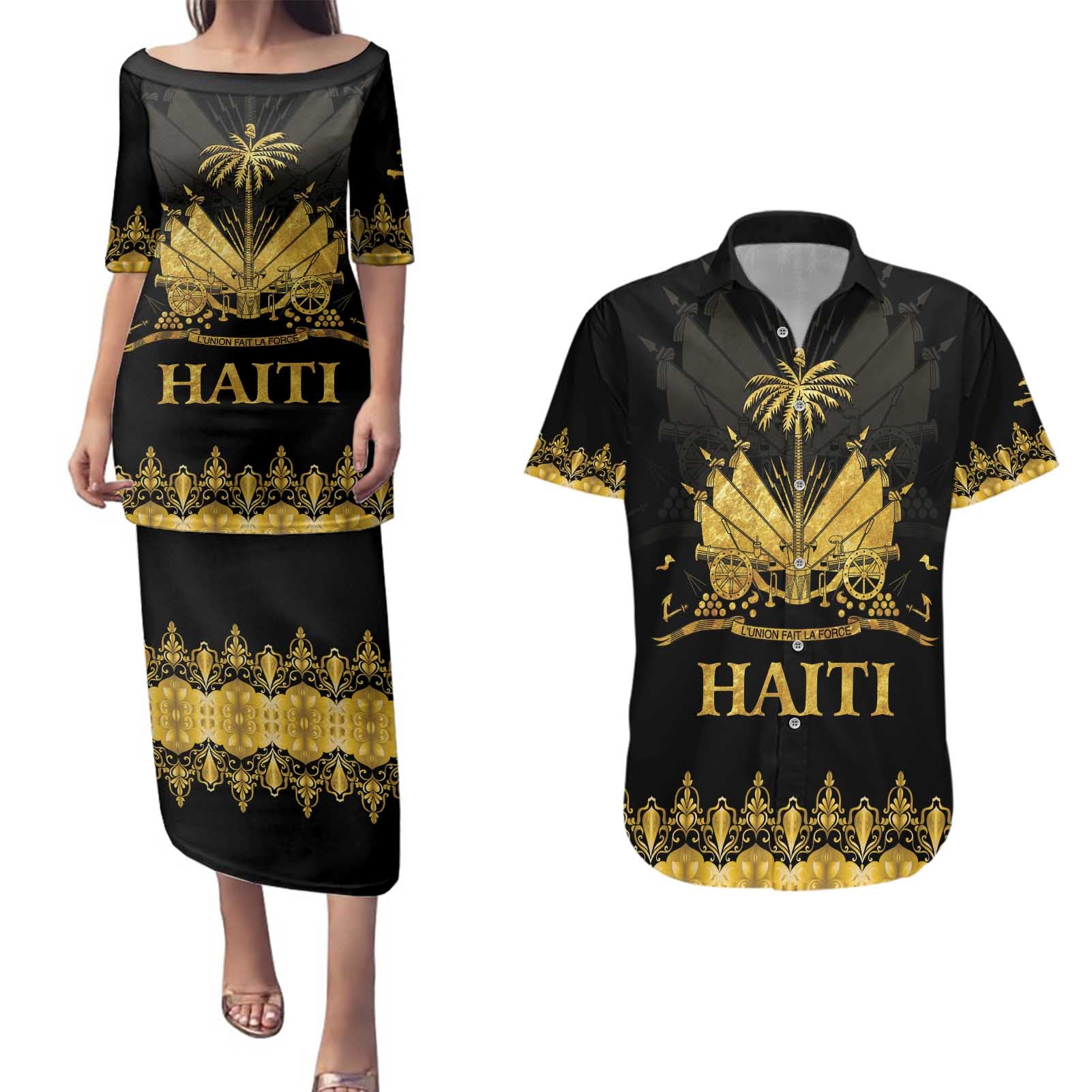 Haiti Neg Marron Gold Couples Matching Puletasi and Hawaiian Shirt Lespwa pa anyen san aksyon
