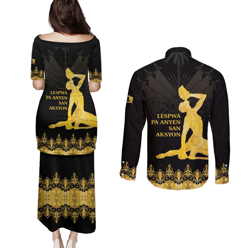 Haiti Neg Marron Gold Couples Matching Puletasi and Long Sleeve Button Shirt Lespwa pa anyen san aksyon