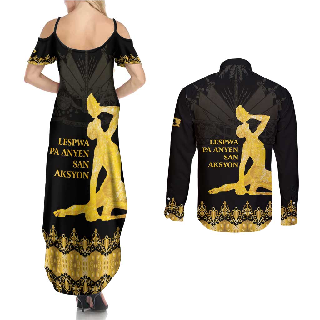 Haiti Neg Marron Gold Couples Matching Summer Maxi Dress and Long Sleeve Button Shirt Lespwa pa anyen san aksyon