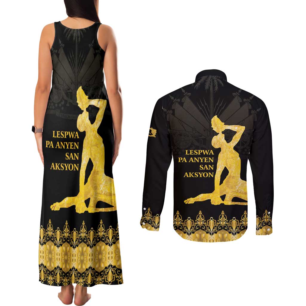Haiti Neg Marron Gold Couples Matching Tank Maxi Dress and Long Sleeve Button Shirt Lespwa pa anyen san aksyon