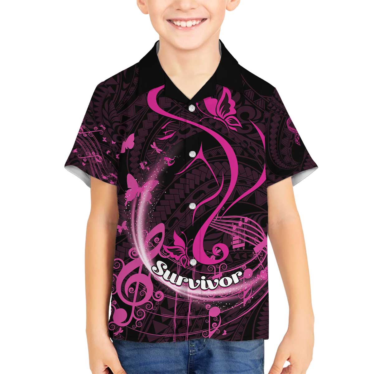 Personalised Survivor Melody Pink Family Matching Puletasi and Hawaiian Shirt Breast Cancer Polynesian Pattern