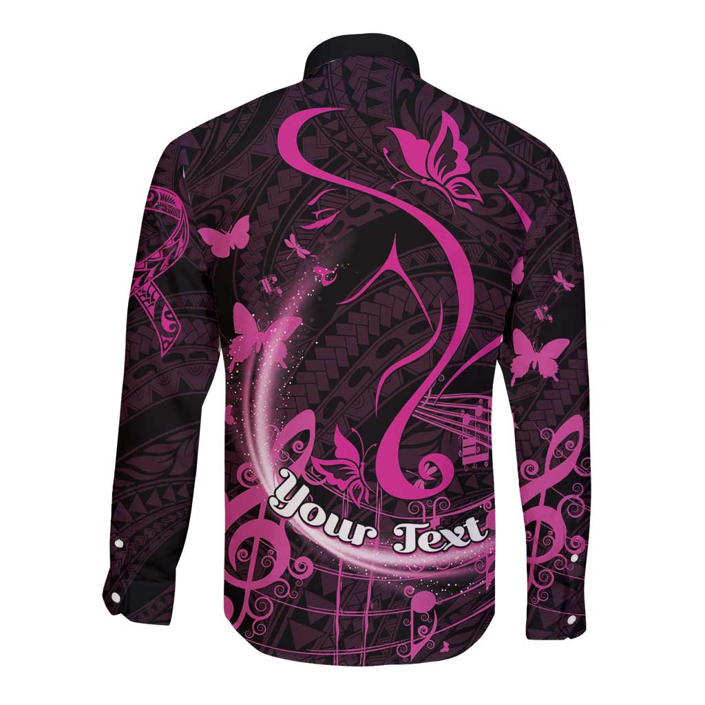Personalised Survivor Melody Pink Long Sleeve Button Shirt Breast Cancer Polynesian Pattern