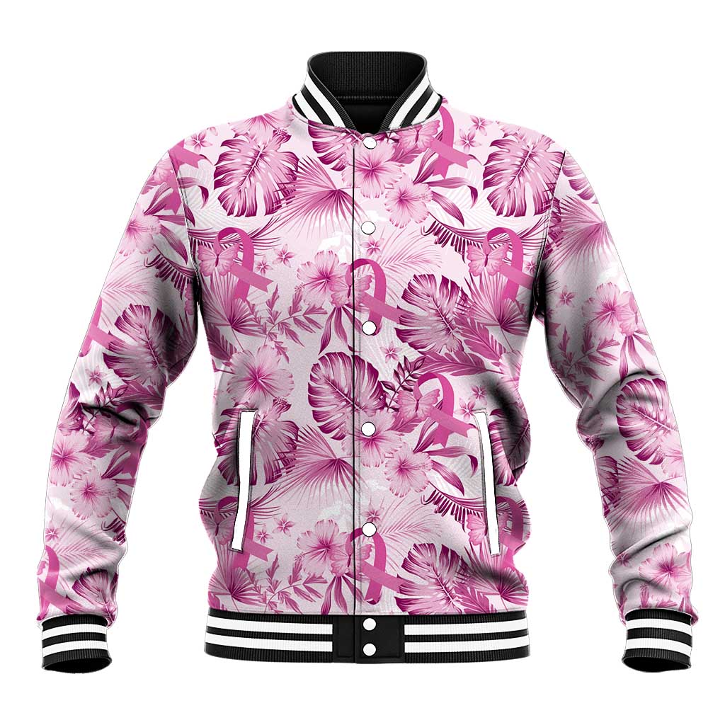 Pink Ribbon Hibiscus Tropical Pattern Baseball Jacket Breast Cancer LT01 Unisex Pink - Polynesian Pride