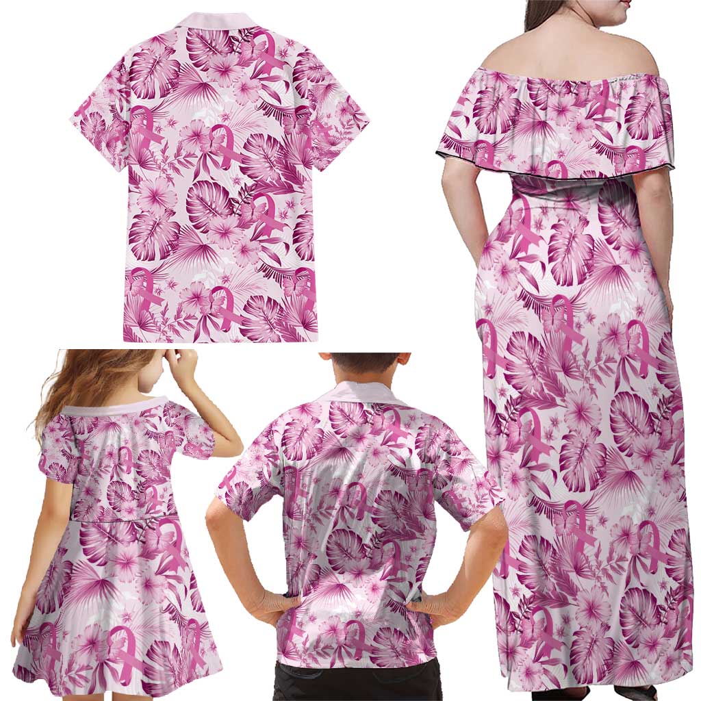 Pink Ribbon Hibiscus Tropical Pattern Family Matching Off Shoulder Maxi Dress and Hawaiian Shirt Breast Cancer