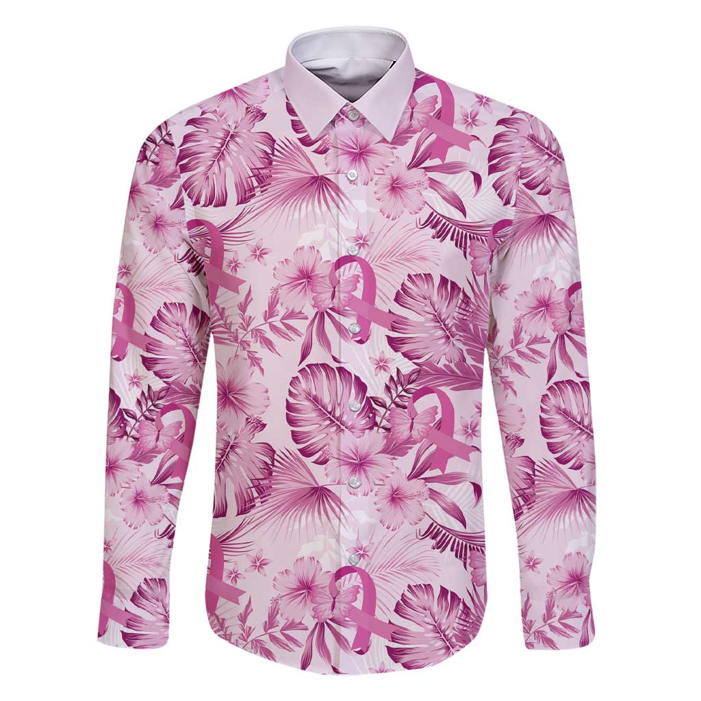 Pink Ribbon Hibiscus Tropical Pattern Family Matching Short Sleeve Bodycon Dress and Hawaiian Shirt Breast Cancer