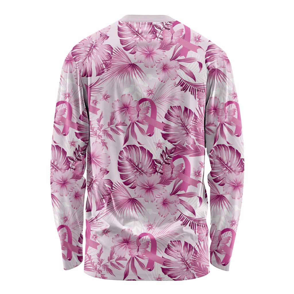 Pink Ribbon Hibiscus Tropical Pattern Long Sleeve Shirt Breast Cancer