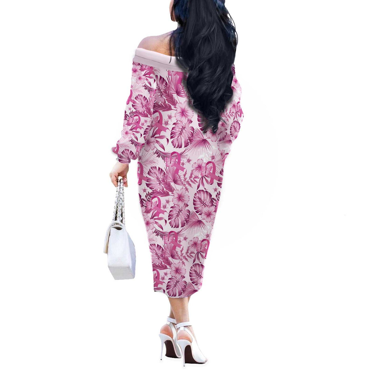 Pink Ribbon Hibiscus Tropical Pattern Off The Shoulder Long Sleeve Dress Breast Cancer