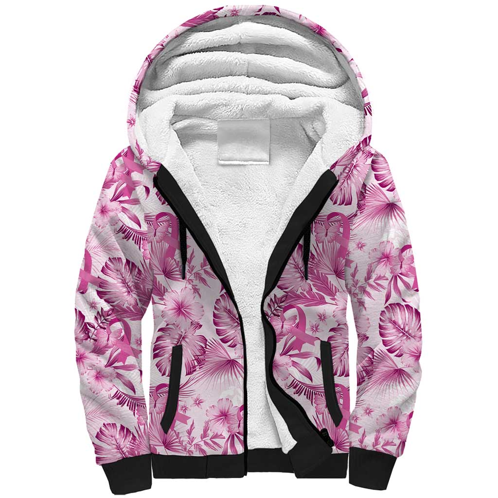 Pink Ribbon Hibiscus Tropical Pattern Sherpa Hoodie Breast Cancer LT01 Unisex Pink - Polynesian Pride