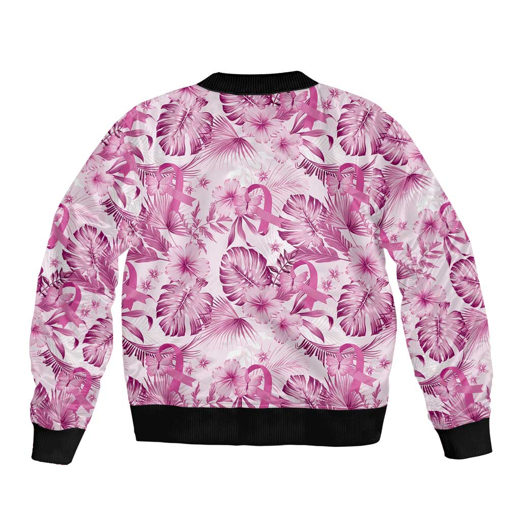 Pink Ribbon Hibiscus Tropical Pattern Sleeve Zip Bomber Jacket Breast Cancer