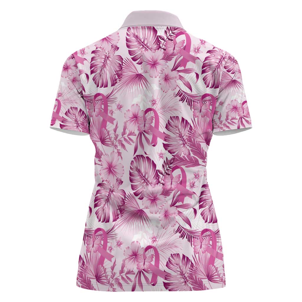 Pink Ribbon Hibiscus Tropical Pattern Women Polo Shirt Breast Cancer