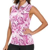 Pink Ribbon Hibiscus Tropical Pattern Women Sleeveless Polo Shirt Breast Cancer