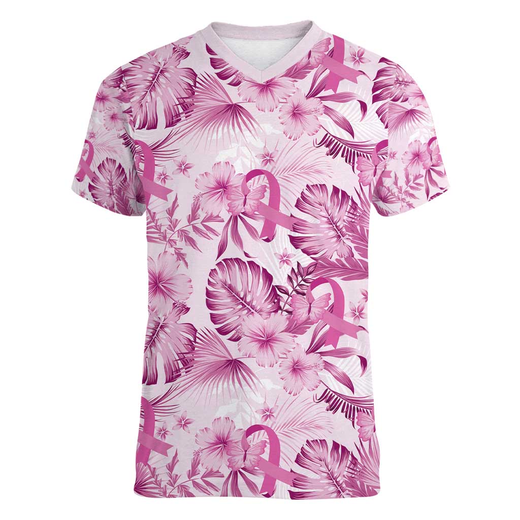 Pink Ribbon Hibiscus Tropical Pattern Women V-Neck T-Shirt Breast Cancer