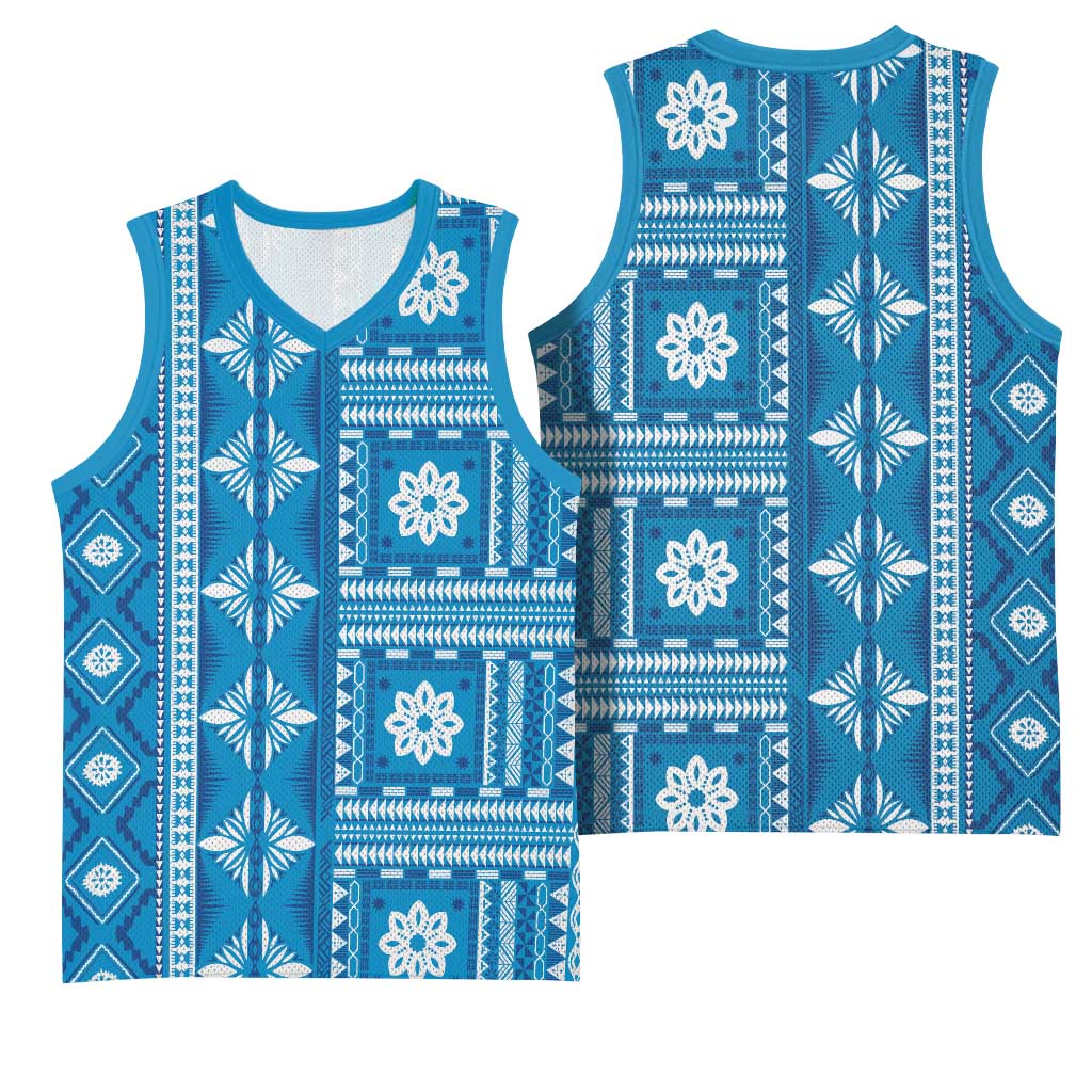 Fiji Masi All Blue Basketball Jersey Tapa Pattern - Polynesian Pride
