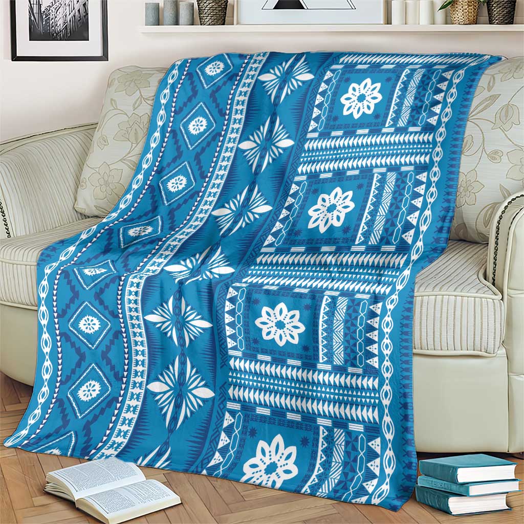 Fiji Masi All Blue Blanket Tapa Pattern - Polynesian Pride