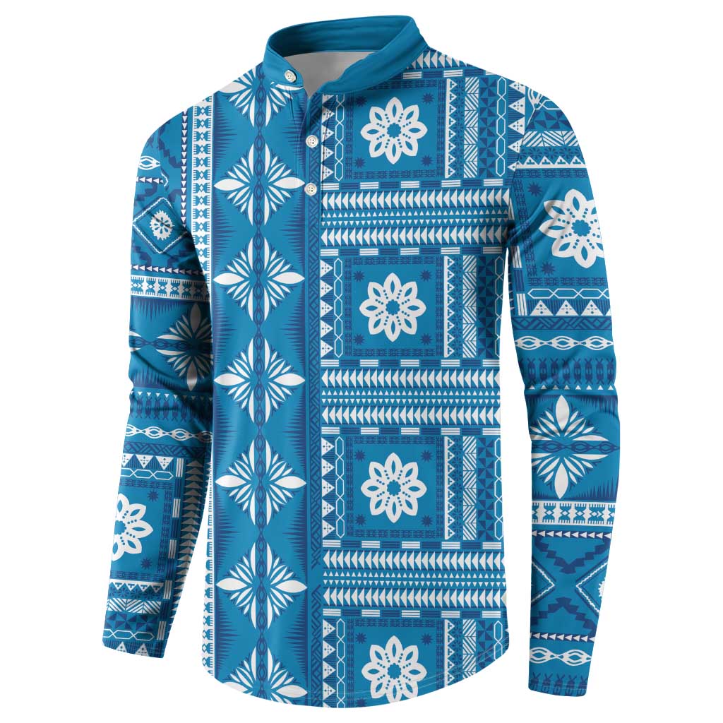 Fiji Masi All Blue Button Sweatshirt Tapa Pattern - Polynesian Pride