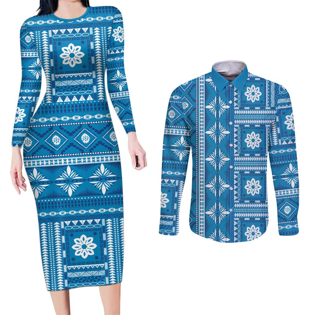 Fiji Masi All Blue Couples Matching Long Sleeve Bodycon Dress and Long Sleeve Button Shirt Tapa Pattern - Polynesian Pride