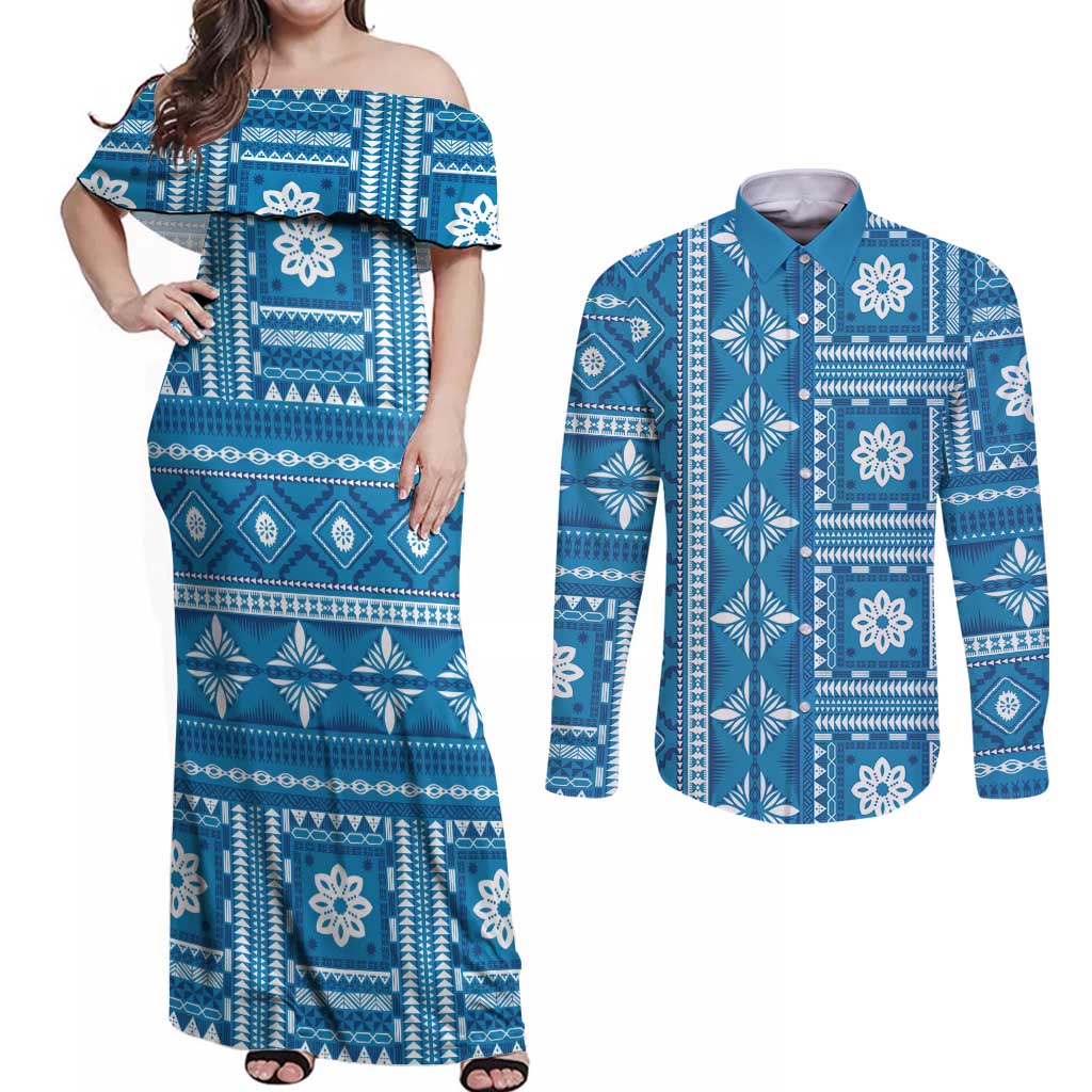 Fiji Masi All Blue Couples Matching Off Shoulder Maxi Dress and Long Sleeve Button Shirt Tapa Pattern - Polynesian Pride