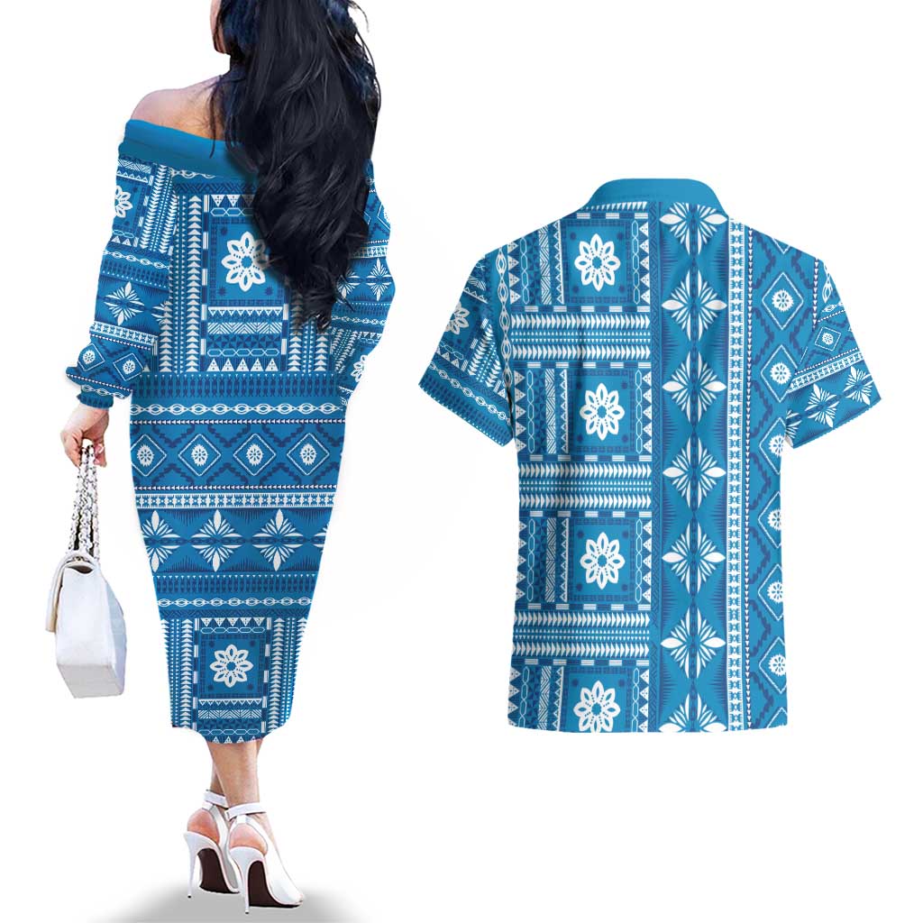 Fiji Masi All Blue Couples Matching Off The Shoulder Long Sleeve Dress and Hawaiian Shirt Tapa Pattern - Polynesian Pride