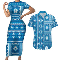Fiji Masi All Blue Couples Matching Short Sleeve Bodycon Dress and Hawaiian Shirt Tapa Pattern - Polynesian Pride