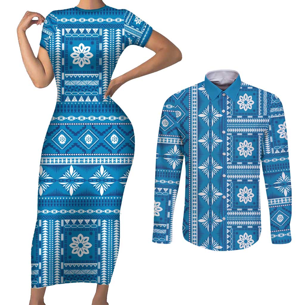 Fiji Masi All Blue Couples Matching Short Sleeve Bodycon Dress and Long Sleeve Button Shirt Tapa Pattern - Polynesian Pride